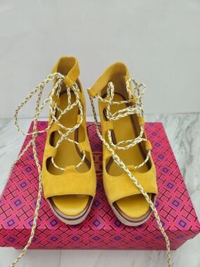 Tory Burch Yellow Suede Lace-Up Wedge Sandals